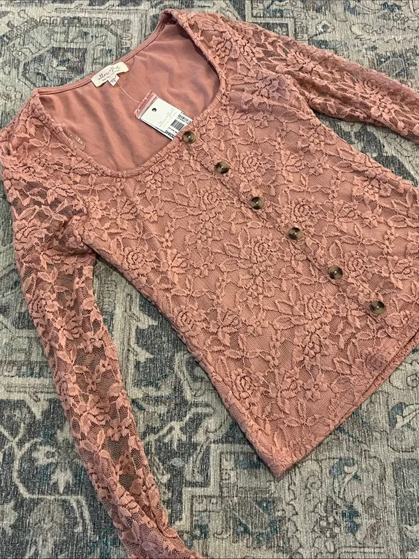 Ultra Flirt Dusty Rose Lace Button-Front Long Sleeve Top - Image 3