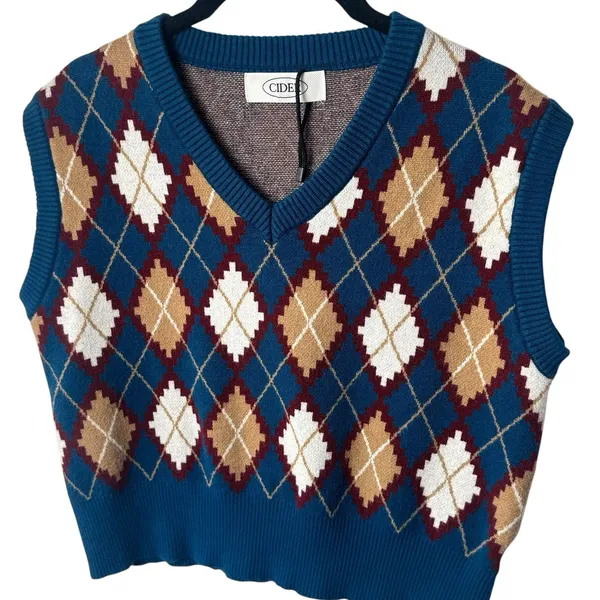 NWOT Cider Sweater Vest Blue Argyle Print‎ Academia Preppy Old Money S/M - Image 3