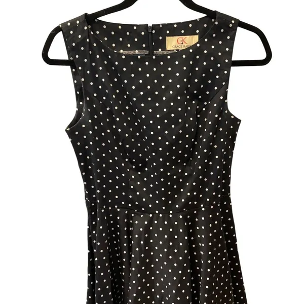 Grace Karin Polka Dot Dress Sleeveless Black White Fit and Flare Pin Up 60s Sz M - Image 3