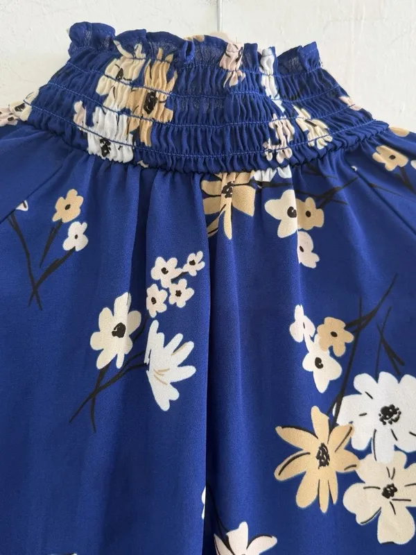 NEW Ann Taylor LOFT Women's MEDIUM Smocked High Neck Blouse Long Sleeve BlueTop - Image 3