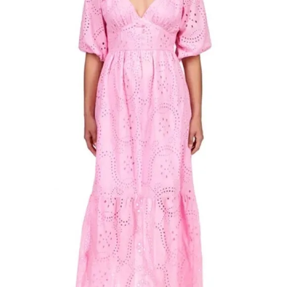 Sanctuary Ruffle Puff Sleeve Eyelet Maxi Dress Pink‎ Size 4 NWOT - Image 7
