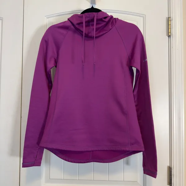 Columbia Womens Omni-Wick Fleece Hoodie Purple Cowl Neck Thumbholes Pullover XS - Image 2