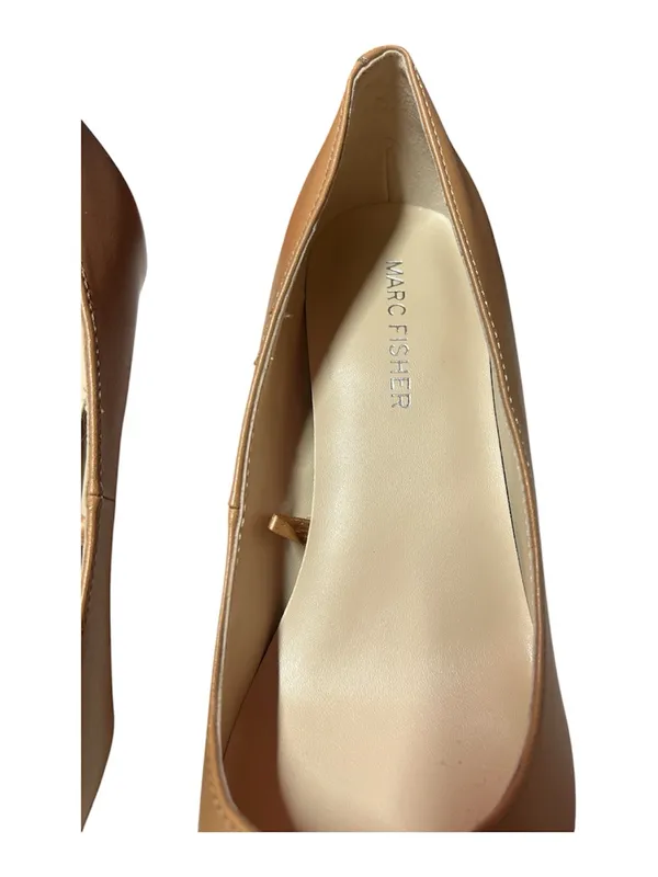 Marc Fisher light brown matte leather pointed toe slender kitten heel pumps - Image 4