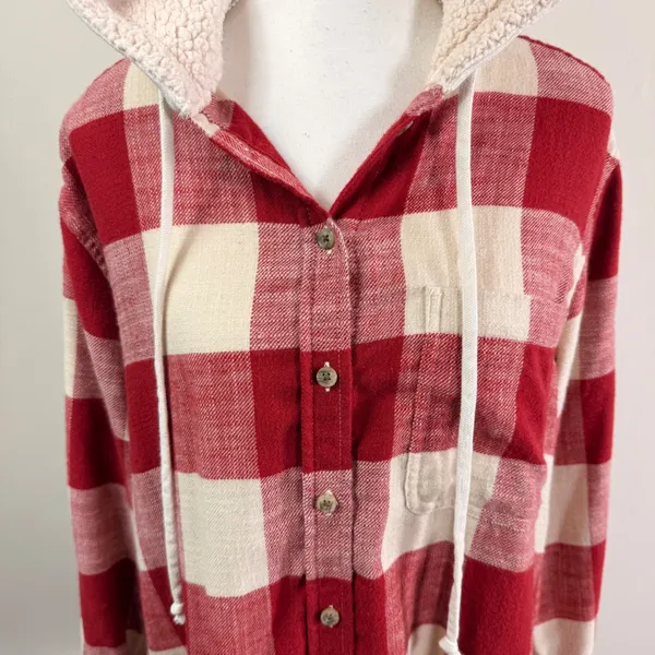 American Eagle Red Buffalo Plaid Hooded Flannel Shirt Sherpa Lined Small NEW - Image 4