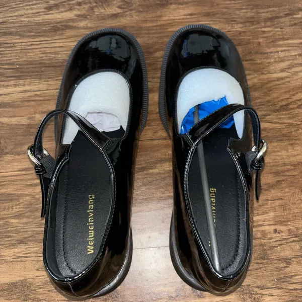 Black Flats with Glossy Finish and Strap Korean Mary Jane Size 8.5 - Image 3