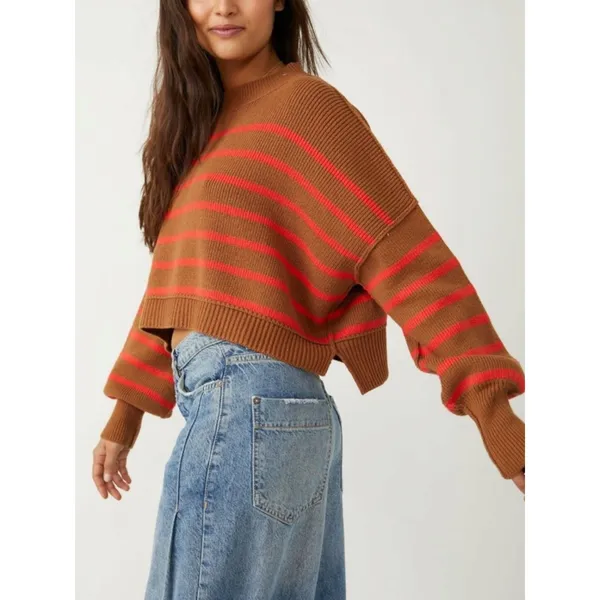 Free People Easy Street Stripe Crop Pullover Sweater Brown Orange Medium - Image 4