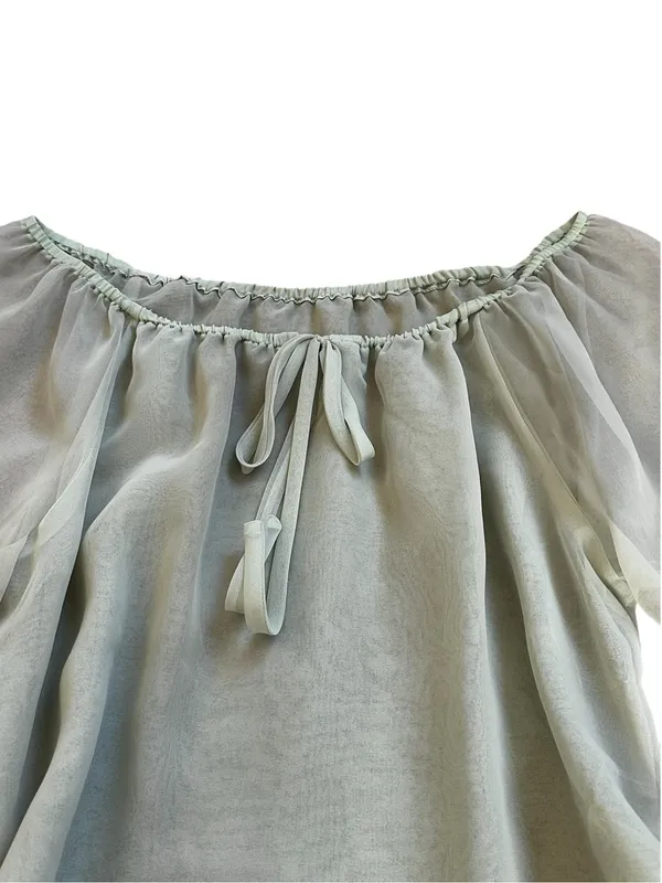 Vintage Sheer Chiffon Blouse Light Green Romantic Cottagecore Feminine Boho - Image 3