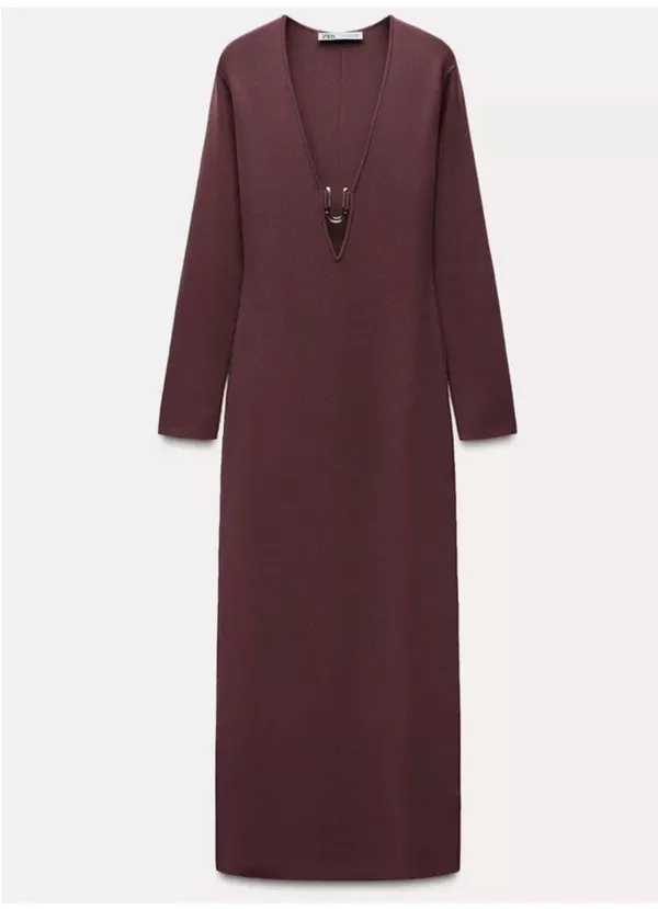Zara Burgundy Long-Sleeve Plunge Midi Dress with Gold Accent - Image 2