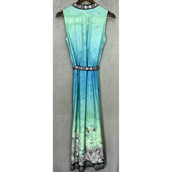 New York & Company Maxi Dress Womens XS Teal Ombre Floral Faux Wrap Stretch Boho - Image 2