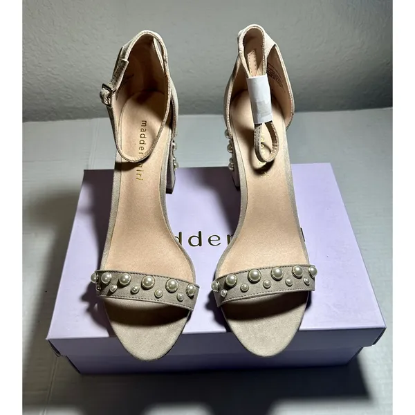 Madden Girl Block Heels Women 9 Bitsyy Blush Suede Faux Pearls Wedding Prom New - Image 4