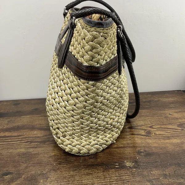 Brighton Straw Tote KORA Lined Purse Bag w/ Leather‎ Trim & Heart Charm Vintage - Image 5