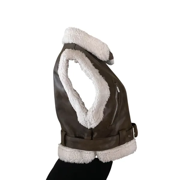 ANWND Brown Faux Shearling Moto Vest Belted Zip Sherpa Lined Women’s Size S NWT - Image 5