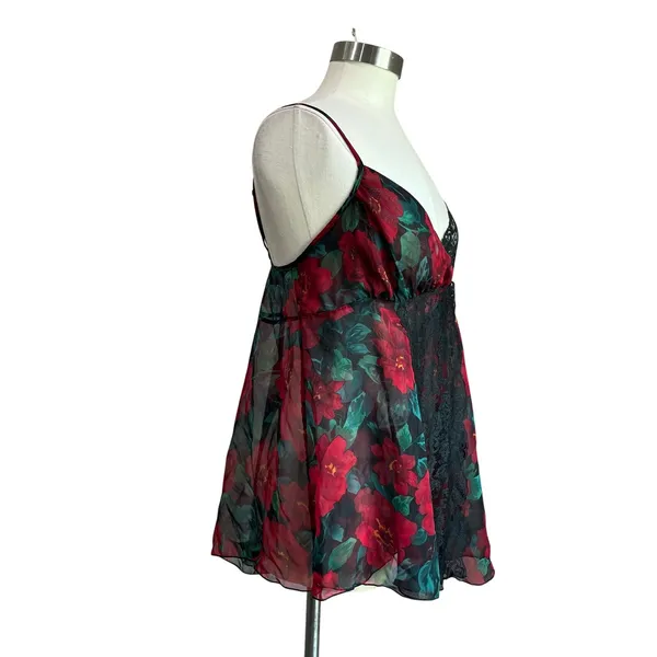 Victoria Secret Gold Label Sheer‎ Floral Red & Black Lace Babydoll Chemise Sz M - Image 3