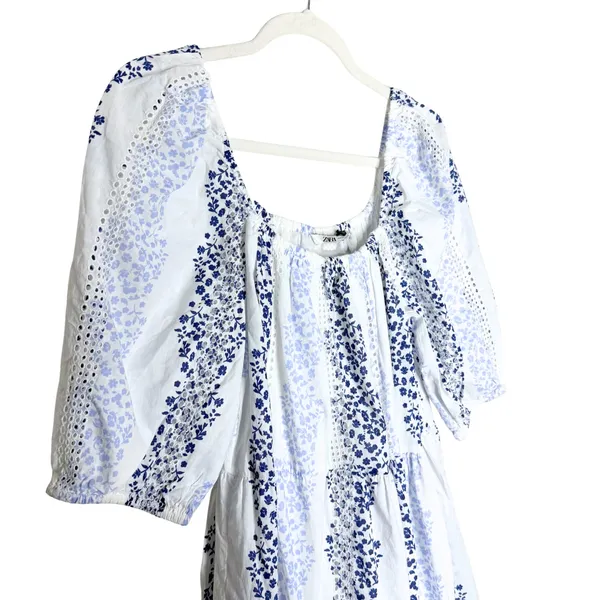 ZARA Floral Tiered Eyelet Lace Maxi Dress Medium White Blue Cottagecore Prairie - Image 3
