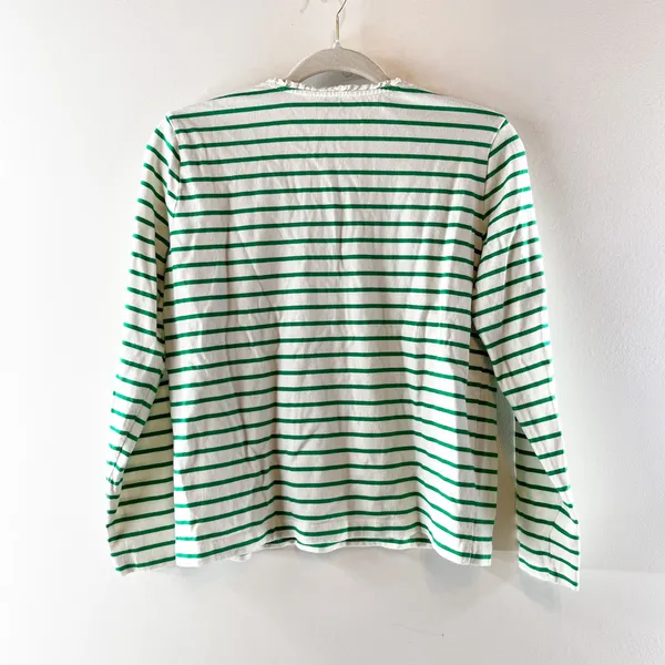J. Crew Long Sleeve Striped Ruffleneck Henley Shirt Top Green White Small - Image 4