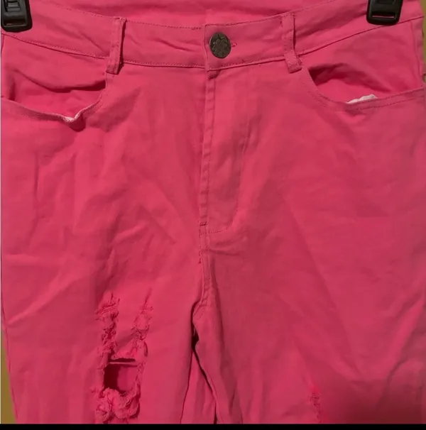 Hot Pink Distressed Skinny Jeans With Frayed Hem(Size Sm) - Image 2