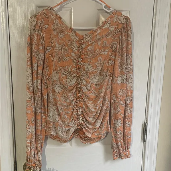 Free People Orange Floral Say The Word Ruched Blouse - Image 5