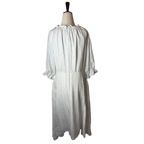 Maison Tara Midi Dress Womens 10 White Striped Excellent Ruffle Wrap V-Neck Puff - Image 3