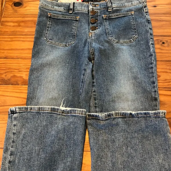 Guess Vintage Button Boot Cut Patch Front Pocket Jeans 29 Fit like a 6 - Image 11