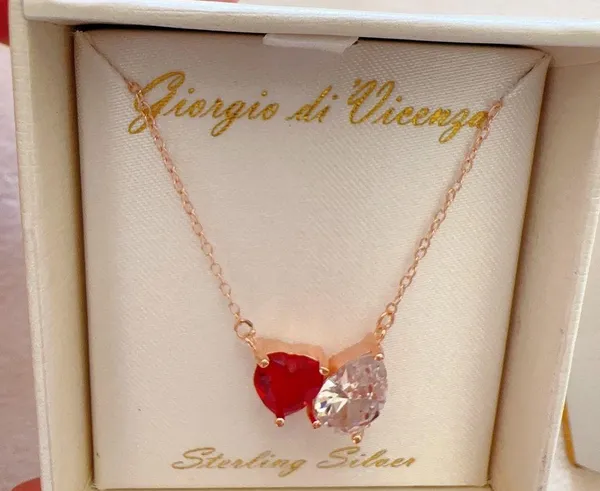 Sterling Silver 925 rose gold chain red & white diamond 19” necklace - Image 2