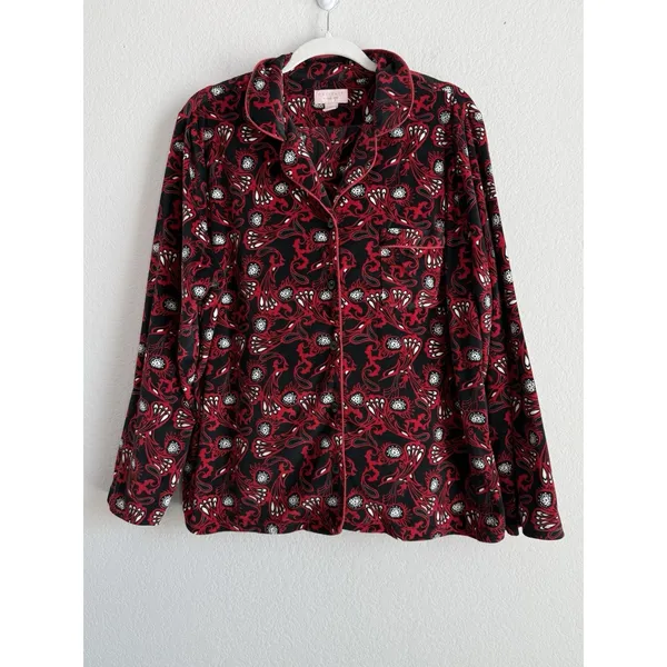 Cabernet‎ Red Long Sleeve Notch Collar Paisley Print Fleece Pajama Set Women's L - Image 3