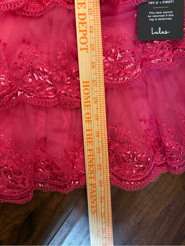 NWT Lulus Exquisite Drama Hot Pink Embroidered Sequin Tiered Mini Dress Size Med - Image 10