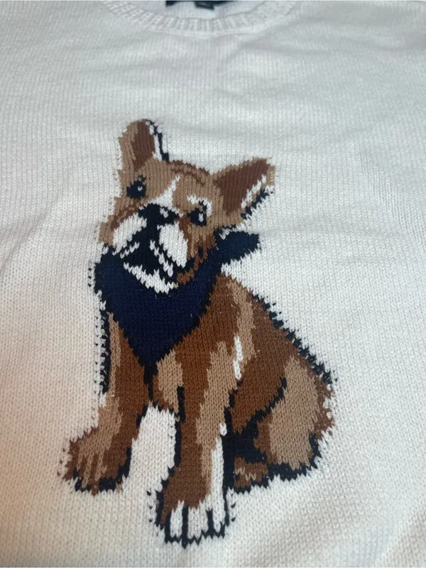 Sweet Halo French Bulldog Graphic Knit Cotton Sweater Cream Cute Dog Sz L - Image 3