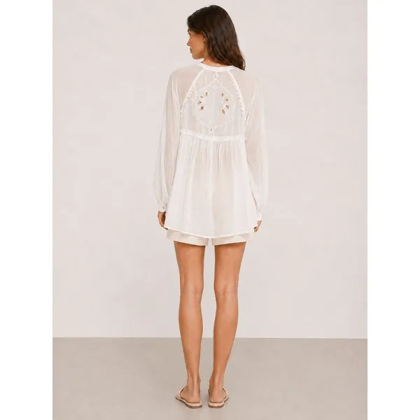 Free People Ivory Button Up High Low Tunic Embroidered Cutout Back M - Image 2