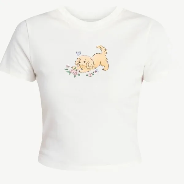 No Boundaries Womens Puppy‎ Graphic Baby Tee Cream White Ribbed Crop Top Size M - Image 8