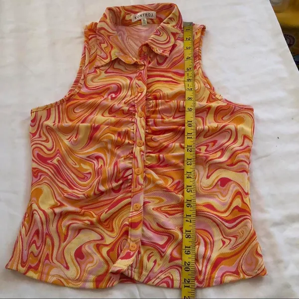Kontrol Orange yellow psychedelic swirl halter sleeveless ruched button up down top shirt blouse stretchy - Image 4