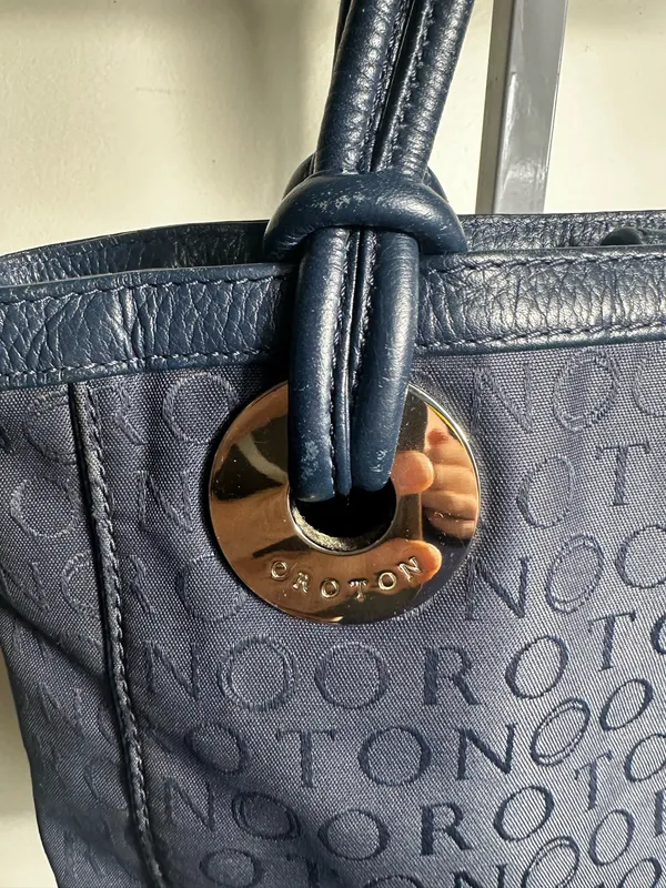 Oroton Navy Monogram Jacquard Leather Trim Shoulder Tote Bag Y2K - Image 2