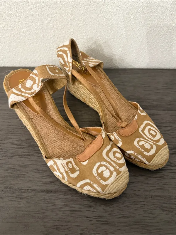 Lauren‎ Ralph Lauren Tan White Batik Print Espadrille Wedge Sandals Size 6.5 - Image 2