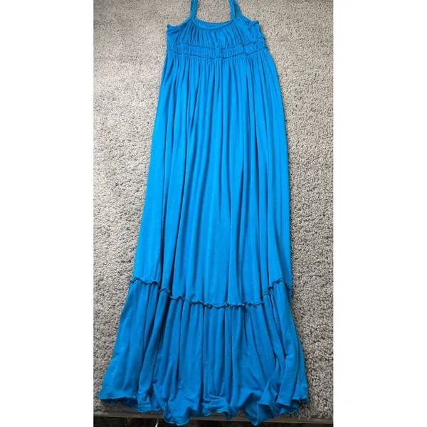 Blue Tiered Ruffle Maxi Dress Sleeveless Spaghetti Strap Boho Jersey Knit Summer - Image 3