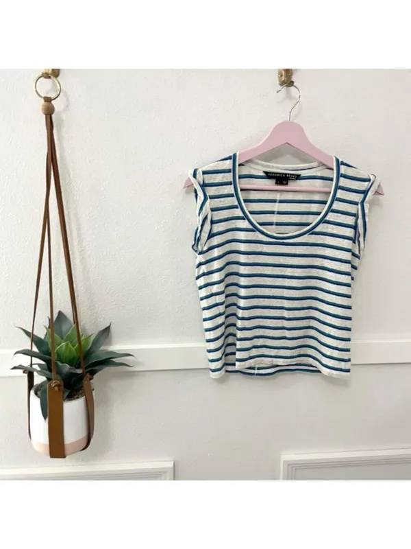 Veronica Beard Arion Linen Muscle Tank Blue Stripe S Coastal Preppy Nautical - Image 2