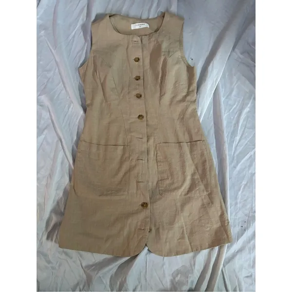 Sleeveless Button-Front Linen Blend Mini Dress in Beige - Image 3