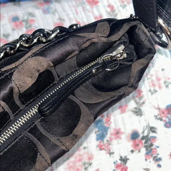 Vintage Coach Sateen Monogram and Leather/Silver Chain Shoulder/Crossbody Bag - Image 6