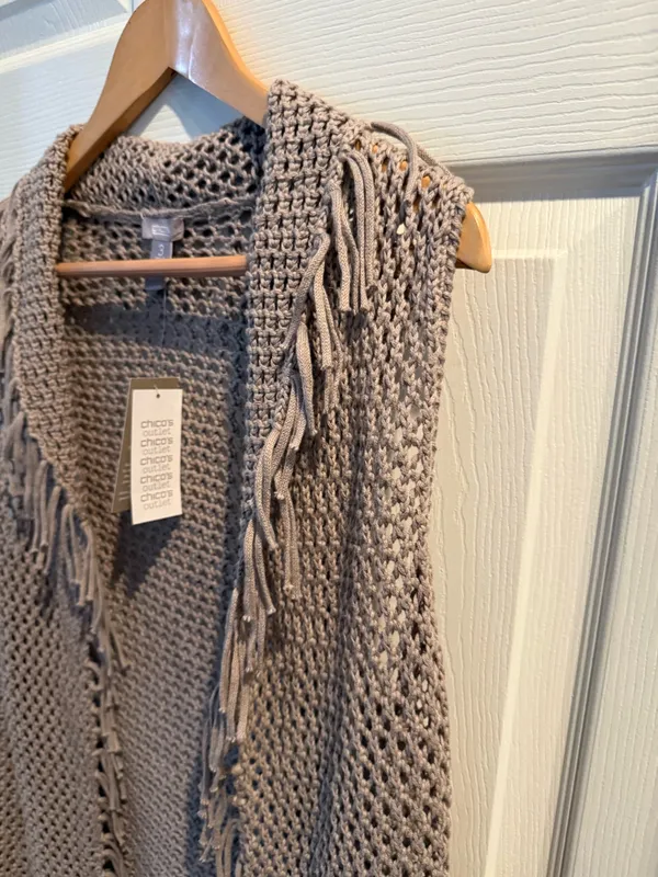 Chicos Open Weave Fringe Cardigan Shrug in Taupe - Image 4