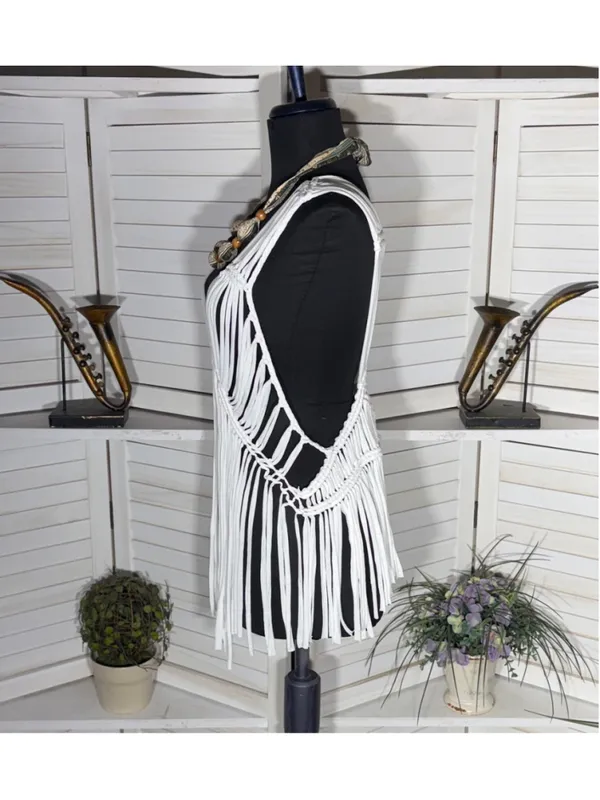 Solitaire white fringes crochet vest top macrame boho fairy festival coastal S - Image 4