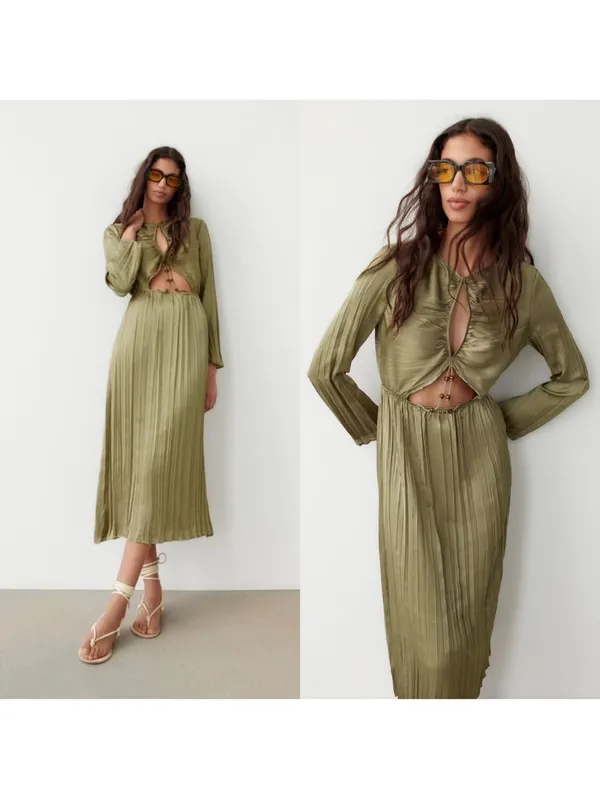 Zara Olive Cutout Pleated Midi Dress - Image 2