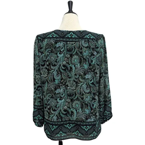 Kim Gravel Belle Black Green Paisley Sheer Sleeve Overlay Split V Neck Tie Top M - Image 6