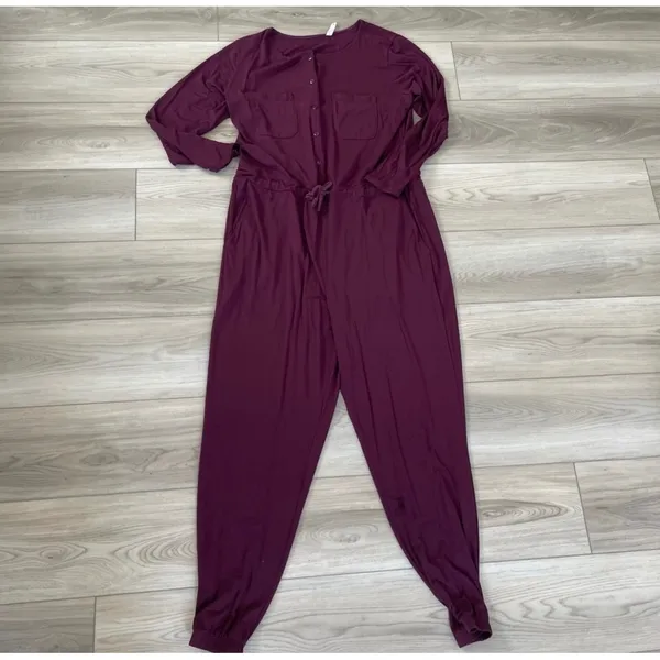 Lively Jumpsuit Pajamas‎ Sleepwear Burgundy Long Sleeve Drawstring Pockets L - Image 4