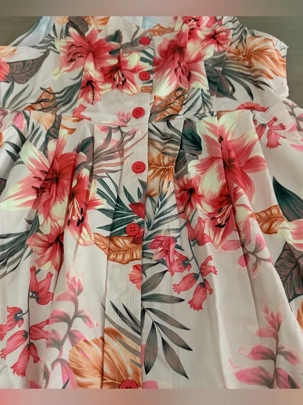 Emery Rose Tropical Hibiscus Floral Midi Dress L Button Front Resort Vacation - Image 3