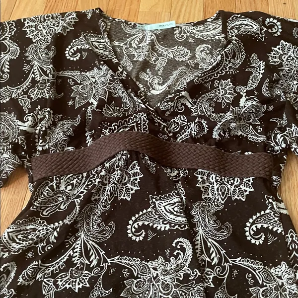 y2k Maurices Babydoll Top Womens Medium Brown White Paisley Print Boho Prairie - Image 3
