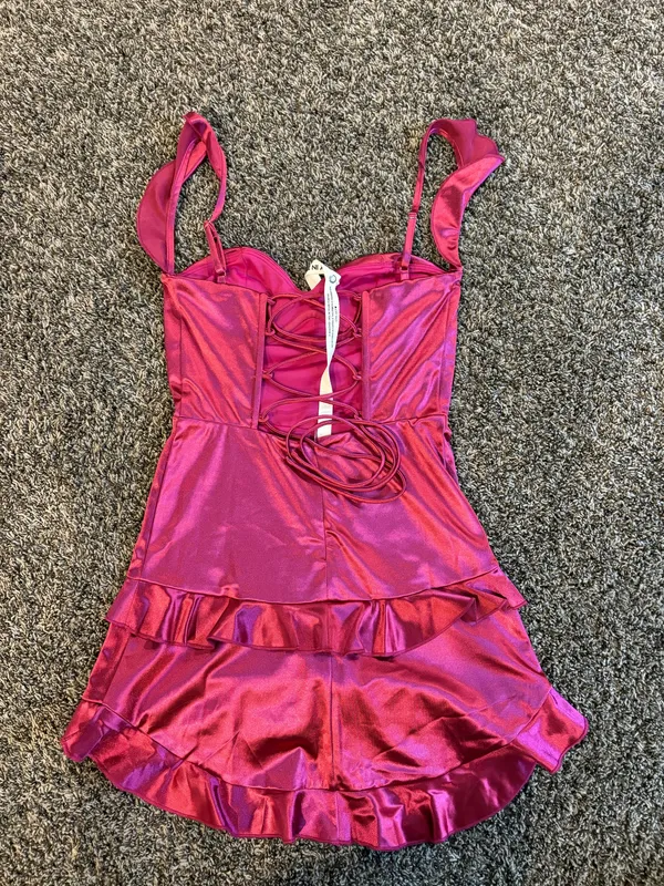 Lucy in the Sky Satin Ruffle Bodycon Dress in Magenta - Image 4