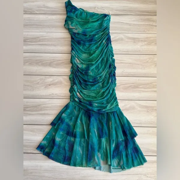 Hello Molly Euphoria One Shoulder Mesh Midi Dress Green Size 8 NWT - Image 3