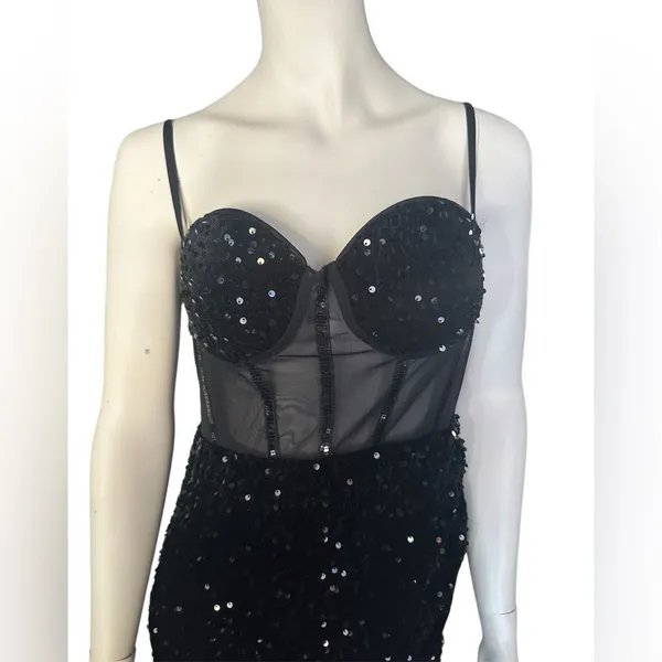 Boutique Beautiful Sequin Mesh Panel Split Thigh Maxi, Cami Dress Black XL NWOT - Image 2