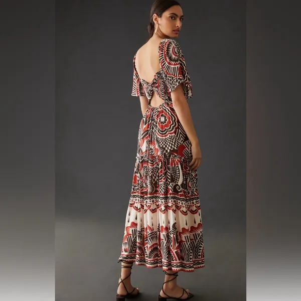 👗🌟Anthropologie Tiered Maxi Dress XS Boho Cutout Flutter Sleeve Red Black Print - Image 6