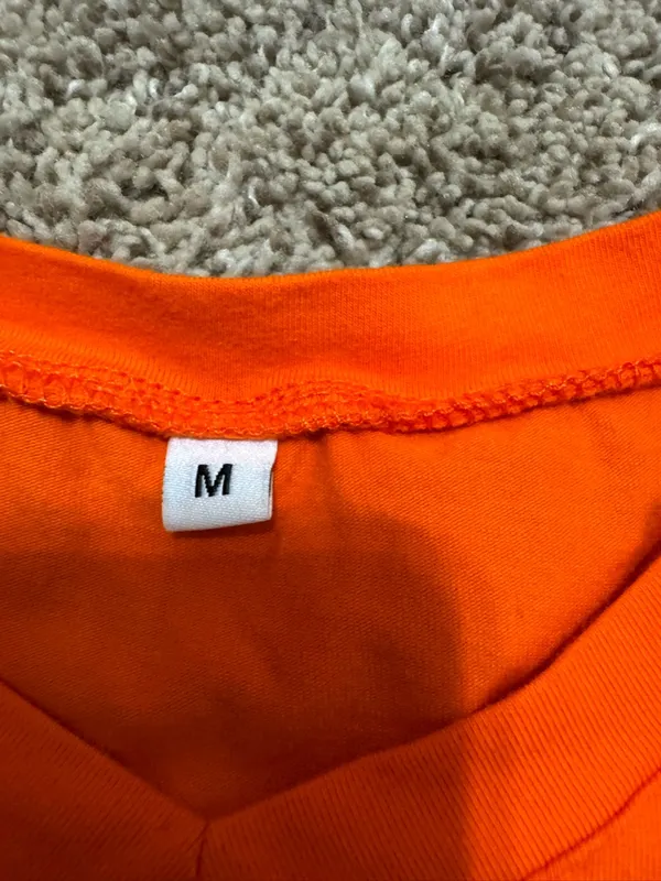Graphic V-Neck Tee - Orange with White Script woman size M - Image 4
