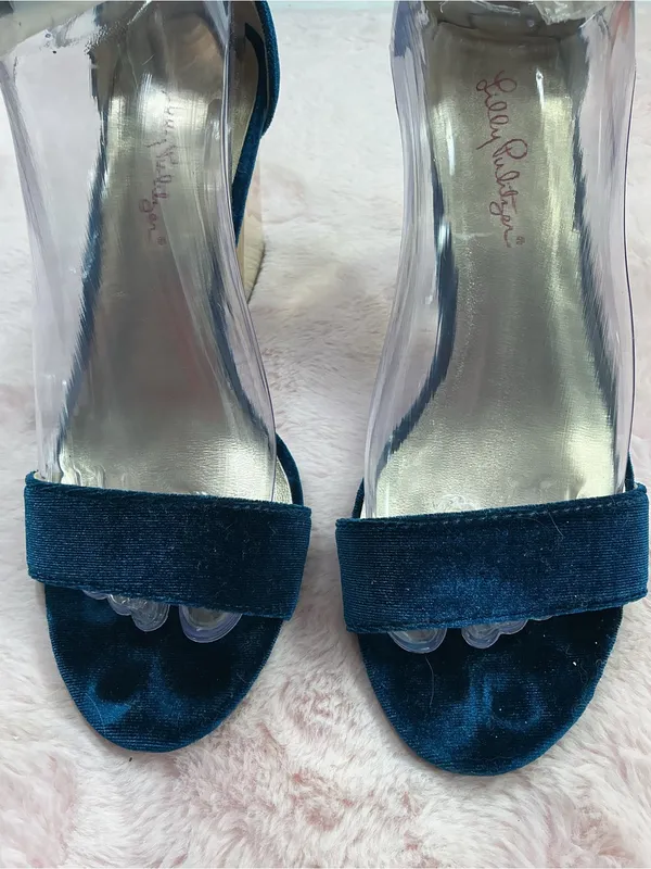 Lilly Pulitzer Teal Velvet Ankle-Strap Heels 147 - Image 5