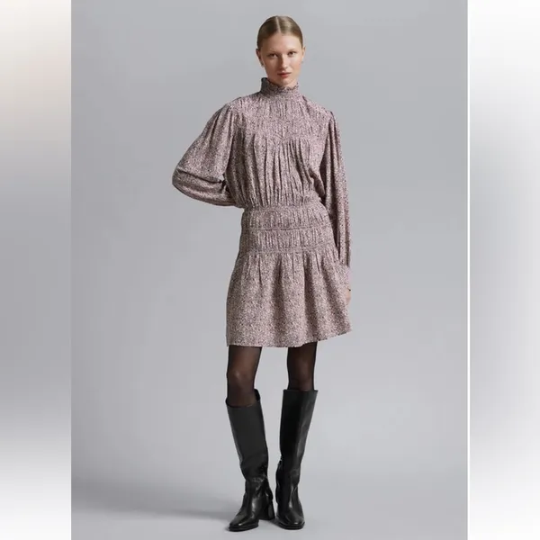 & OTHER STORIES Floral Smocked High Neck Long Sleeve Mini Dress - Image 2